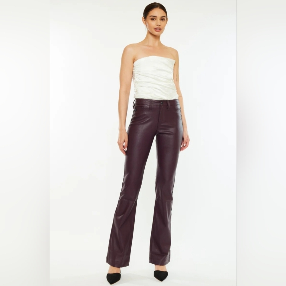 KanCan Yoko Mid Rise Black Faux Leather Flare Trousers